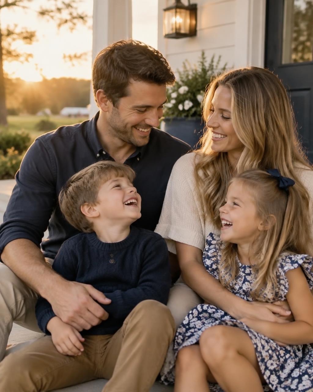 Family laughing together on their front porch